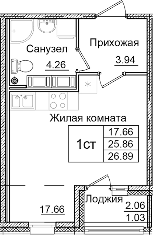 Квартира студия 26.89 м², 6/9 эт., ЖК «Квартал Заречье»